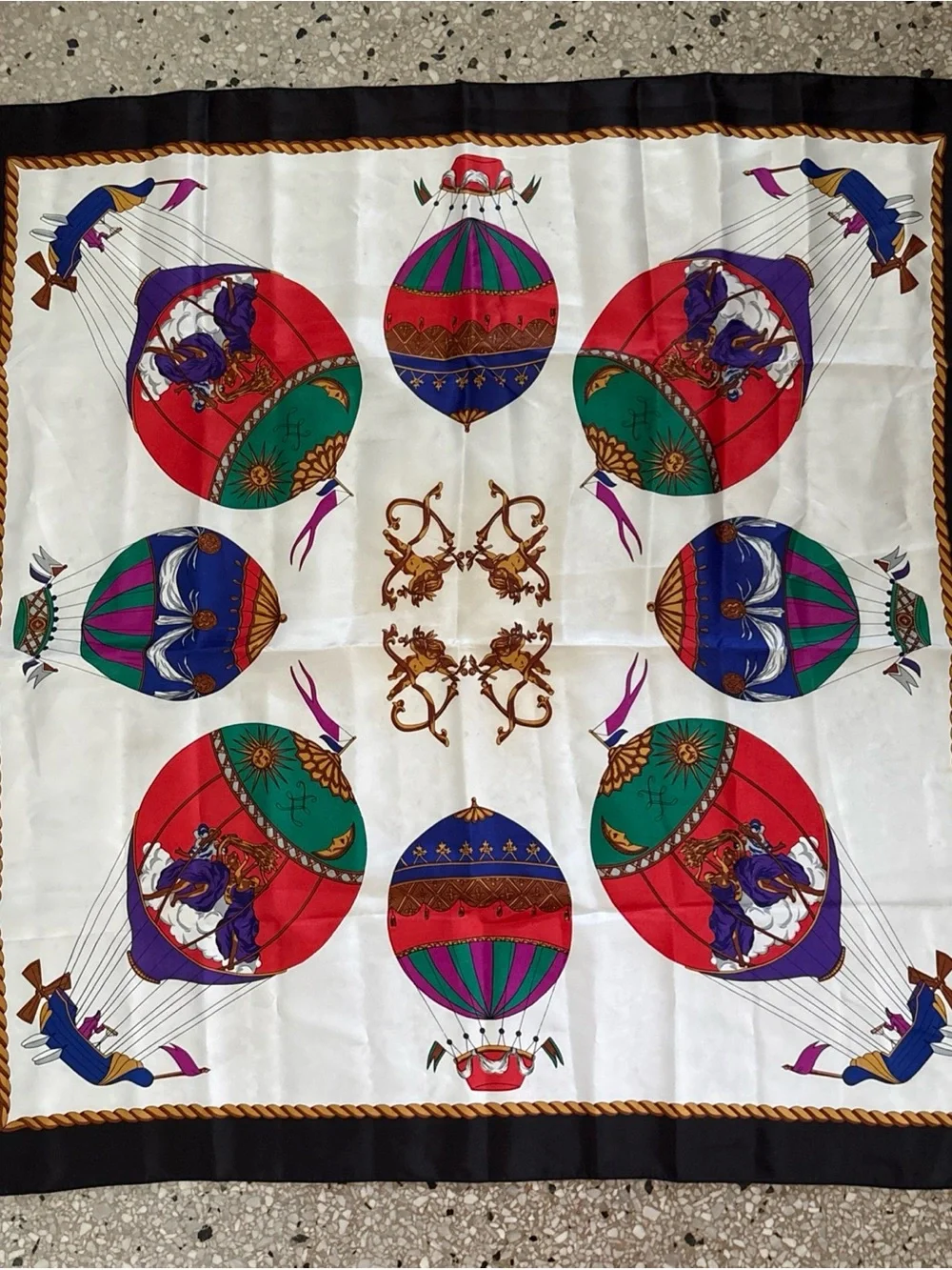 Silk-Feel White & Multicolor Hot Air Balloon Print Scarf